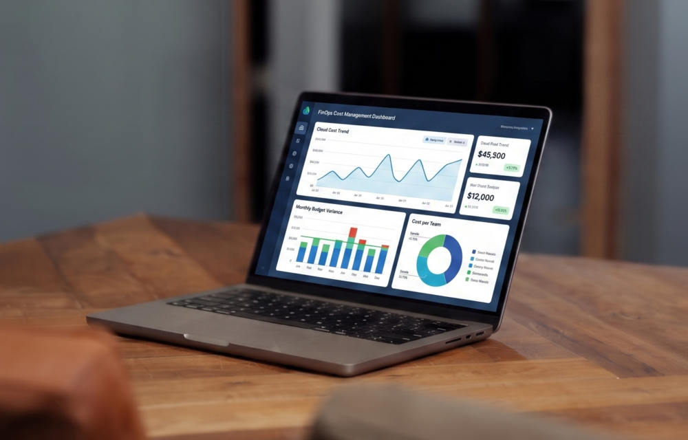 Laptop in kantoor met FinOps dashboard op het scherm