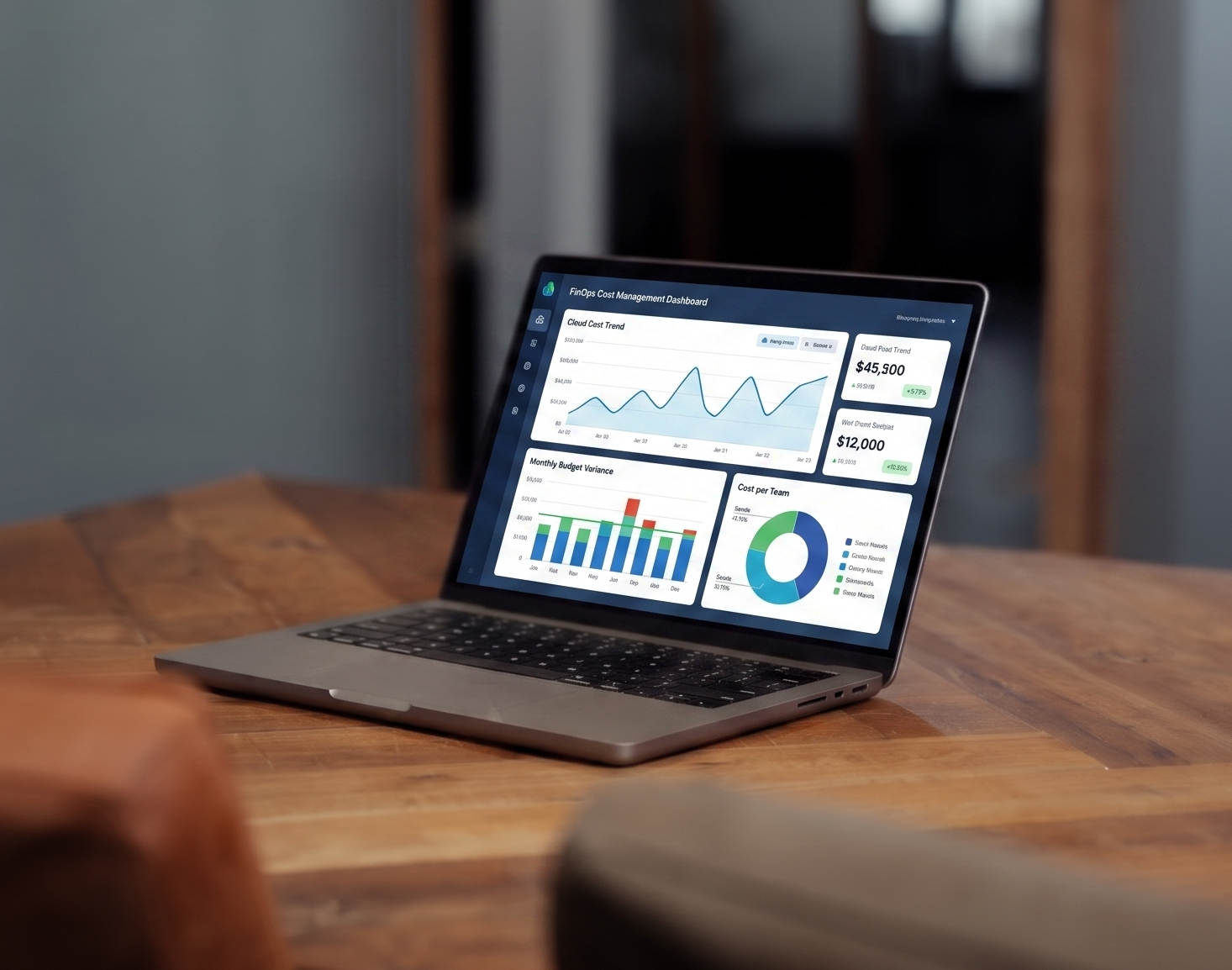 Laptop in kantoor met FinOps dashboard op het scherm